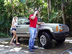 Filthy blonde fucks a car wash man and gets facialized